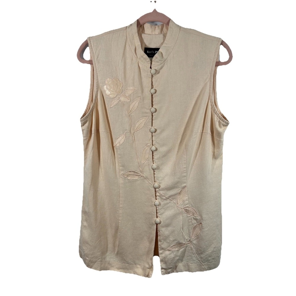 VTG Kari's Place Linen Blend Embroidered‎ Vest Top Peach Pink Mandarin Collar 12